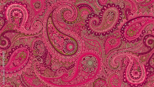 Vibrant pink paisley pattern featuring floral motifs and swirling shapes in a seamless design viewed from directly above