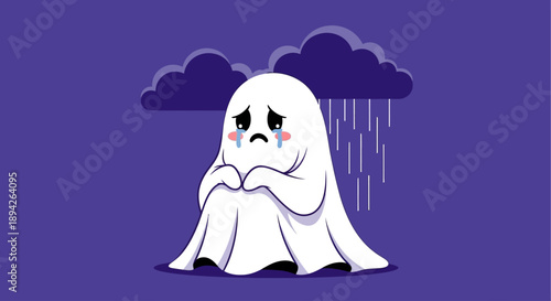 A sorrowful ghost sitting alone under a rainy dark cloud on a solid colored background