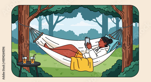 Woman relaxing in a hammock between trees in a serene forest setting with a picnic setup nearby