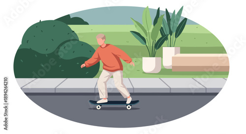 An older man skateboarding on a paved road in a serene park landscape with lush greenery and potted plants
