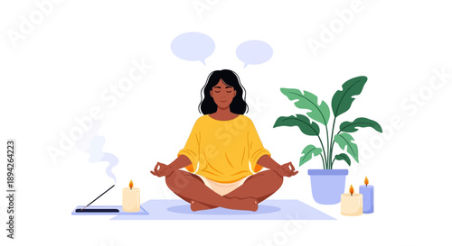 Woman meditating peacefully in a serene indoor setting surrounded by plants and wellness products