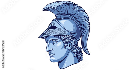 Illustration of a Greek warrior wearing a helmet with feathers and braided hair, shown in profile view