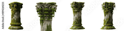 Εκτύπωση καμβά Ancient Corinthian Pillar, Mossy Stone Column, Isolated on White, Set of 4 Greek