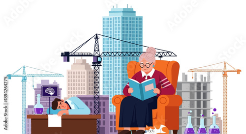 An elderly man reading a book in an orange armchair amidst a bustling city construction site with cranes and buildings