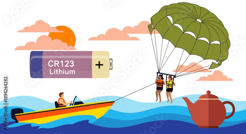 Parachuters descend onto a serene ocean surface near a boat with a teapot floating beside it under a cloudy sky