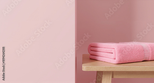 Plush pink terrycloth towels neatly folded on a light wooden bench against a soft pastel pink wall creating a serene and clean aesthetic for spa bathroom or wellness concepts.