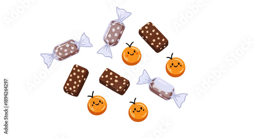 Sweets and pumpkins illustration featuring chocolate bars and Halloween treats in a playful arrangement on a clean background from a top-down viewpoint