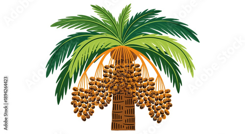 A lush palm tree with clusters of dates hanging from its branches in a serene landscape viewed from a slight angle