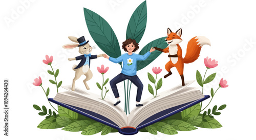 Characters emerging from an open book surrounded by flowers and leaves in a whimsical illustration