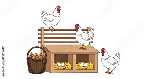 Three chickens gathered around a wooden nesting box with eggs inside and a basket of eggs beside it on the farm