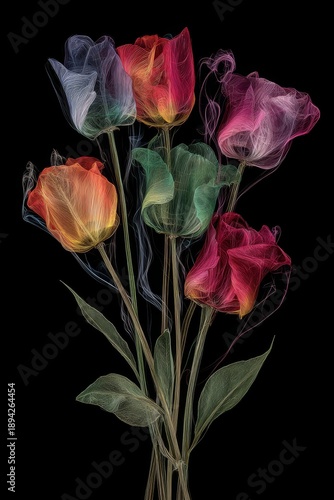 A bouquet of colorful roses with a smoky effect on a black background. The roses display vibrant hues of red, orange, green, blue, and purple.