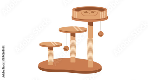 A multi-level cat tower with perches and toys stands in a simple setting, viewed from the front.