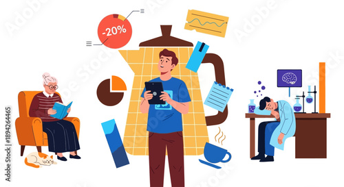 A man holding a camera stands in front of a giant coffee mug surrounded by people working on laptops and reading papers from various viewpoints.