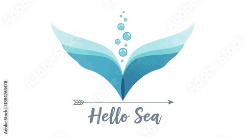 Illustration of a stylized sea creature tail with bubbles and the text Hello Sea