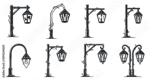A collection of vintage street lamp designs in black and white outline vector style, suitable for urban and architectural projects