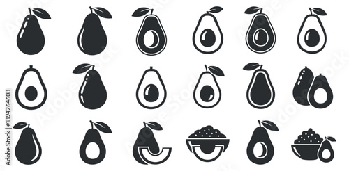 A set of avocado icons in black and white minimalist vector style, perfect for healthy food branding and packaging
