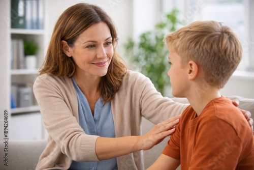 Wallpaper Mural Caring Mother Comforting Young Son During Emotional Conversation Torontodigital.ca