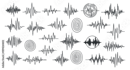 A collection of sound wave patterns and audio signals in black and white minimalist vector style, suitable for music and technology projects