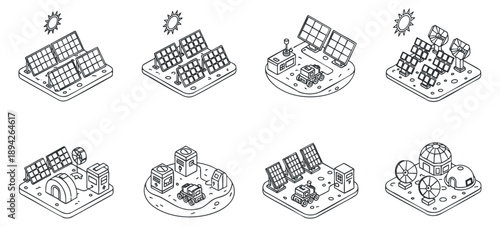 A collection of solar energy icons featuring solar panels, batteries, and related technology in minimalist black and white vector style, perfect for eco-friendly and renewable energy projects