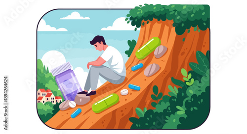 Man sitting on a cliff reading a book surrounded by nature and flowers from a high viewpoint