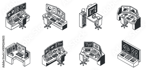 A set of computer workstations and control panels in black and white geometric vector style, suitable for technology and business applications