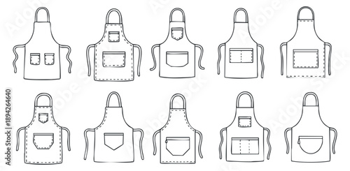 A collection of ten different aprons in outline black and white vector style, ideal for kitchen and cooking designs