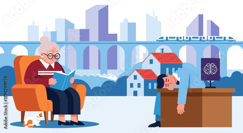 Elderly woman reading in a chair while a man leans on a desk in a modern cityscape with a bridge and buildings