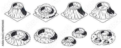 A collection of volcano illustrations in black and white outline vector style, perfect for educational materials and design projects
