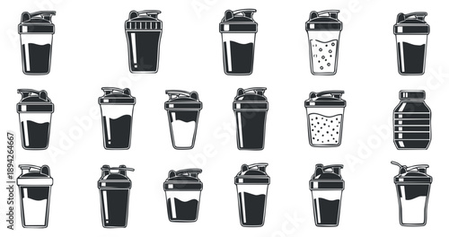 A set of fitness shaker bottles in black and white outline vector style, perfect for gym and nutrition branding