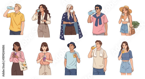 Diverse group of people enjoying beverages on a warm day illustrated in various casual outfits