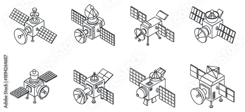 A collection of various satellites in outline geometric vector style, suitable for technology and space-themed projects