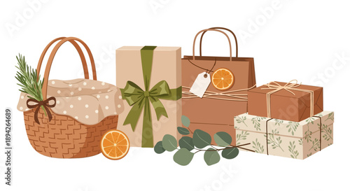 Assorted gift bags and boxes arranged with plants and citrus fruits on a surface from a slightly elevated viewpoint