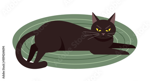 A black cat lies on a green oval mat in a graphic illustration style