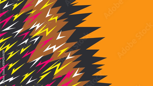 Vibrant abstract design featuring dynamic lightning shapes and bright orange background, viewed from a straightforward perspective