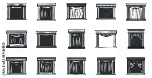 A collection of decorative window frames with curtains in black and white vector style, suitable for interior design projects
