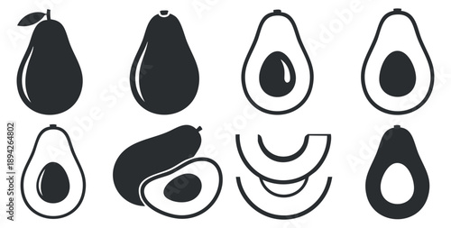 A collection of avocado illustrations in flat black and white vector style, suitable for healthy food branding and design