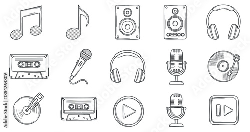 A collection of music-related icons including cassette tapes, microphones, speakers, and headphones in a hand-drawn outline style, ideal for music branding and applications
