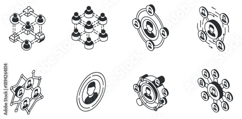 A set of network and connection icons depicting social interactions and communication in black and white minimalist vector style, suitable for technology and social media design