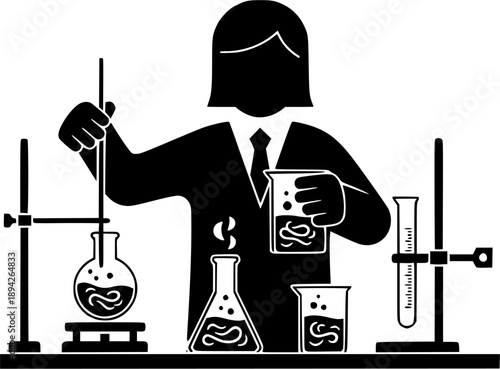Monochrome enigmatic figure mixing unknown substances in a minim