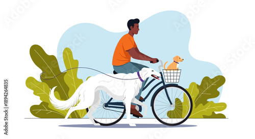 Man riding a bicycle with dog running alongside in a lush green environment from a side viewpoint