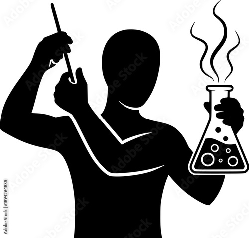Monochrome enigmatic figure mixing unknown substances in a minim