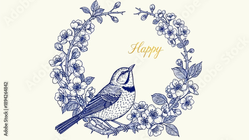 A blue bird perched on a branch surrounded by a floral wreath with happy text overlay