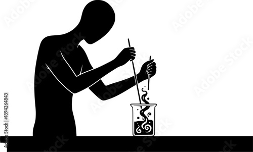 Monochrome enigmatic figure mixing unknown substances in a minim