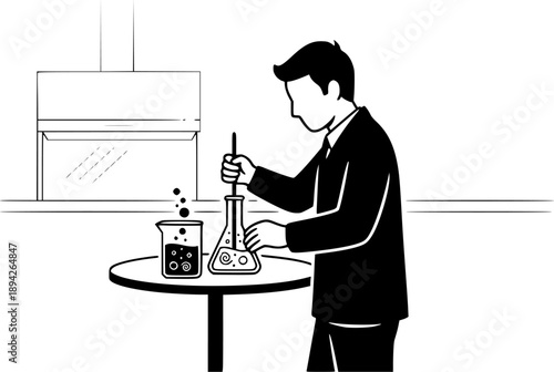 Monochrome enigmatic figure mixing unknown substances in a minim
