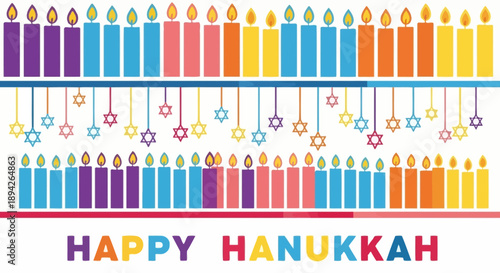 Vibrant Hanukkah candles arranged in two rows with colorful menorahs and festive stars
