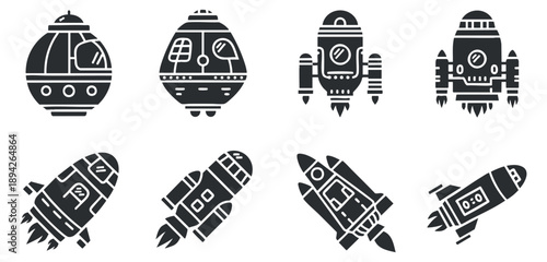 A collection of rocket and spacecraft icons in black and white flat vector style, ideal for space-related design projects