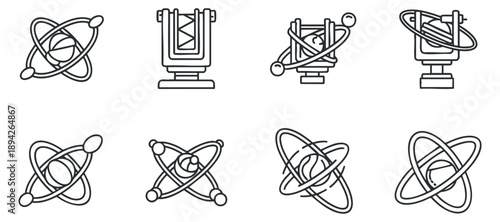A collection of six atomic symbols in clean outline vector style, ideal for educational and scientific design projects