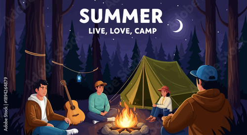 Group of friends having a campfire and playing guitar in a forest during summer night