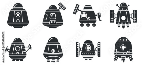 A collection of eight rocket and spacecraft icons in black and white minimalist vector style, perfect for space-themed designs