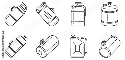 A collection of various fuel and liquid containers in simple line art vector style, suitable for industrial design and engineering projects